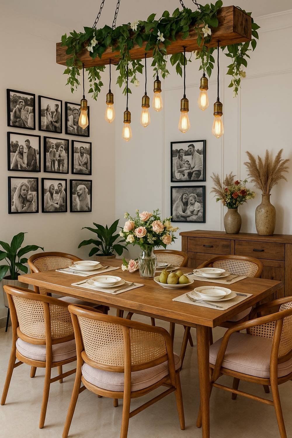 Warm dining space with Edison-style LED pendant bulbs, natural wood furniture, plants, and a cozy gallery wall.