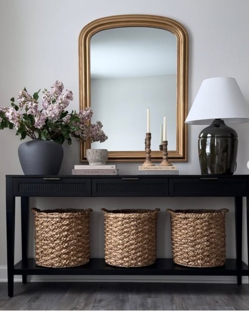Entryway styled with woven wicker baskets—one of the easiest budget friendly decor ideas for stylish storage.