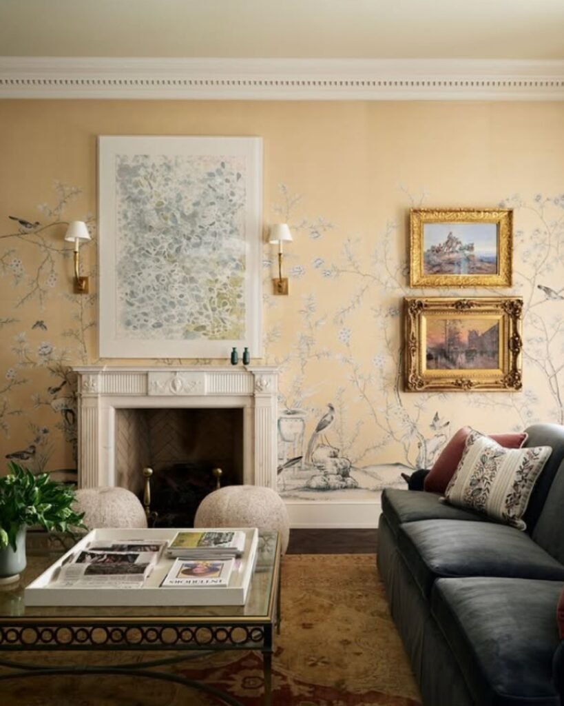 Drawing room image displaying brilliant play of texture. Texture is added through fabric of throw pillows, fabric wall art, wallpaper, floor rug and bean bags.