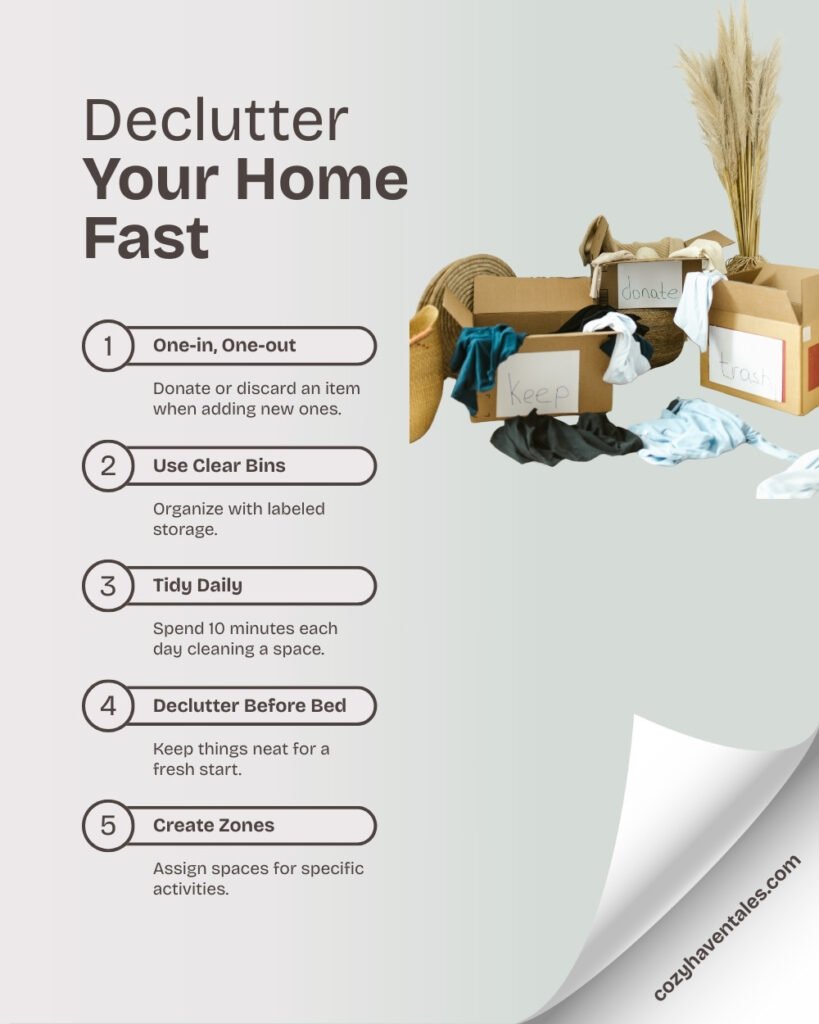 Infographic showing decluttering steps—decluttering is one of the powerful budget friendly decor ideas to create breathing space and a peaceful home.
