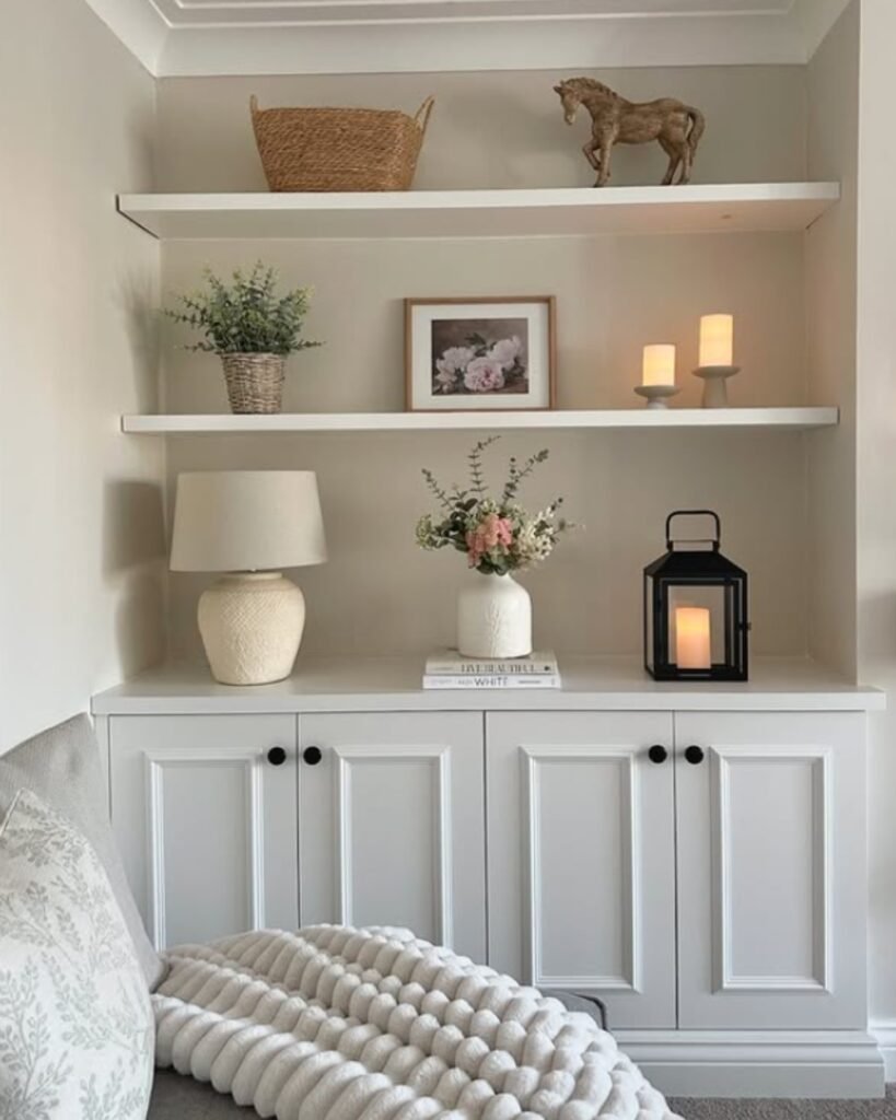 Cozy budget friendly decor ideas—display shelves styled with candles, baskets, and personal items for meaningful styling.