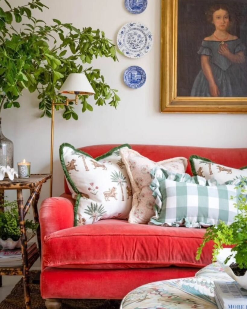 Budget friendly decor ideas showing vibrant layering—crimson red sofa, floral throw pillows, wall art, and plants for a cozy, curated look.
