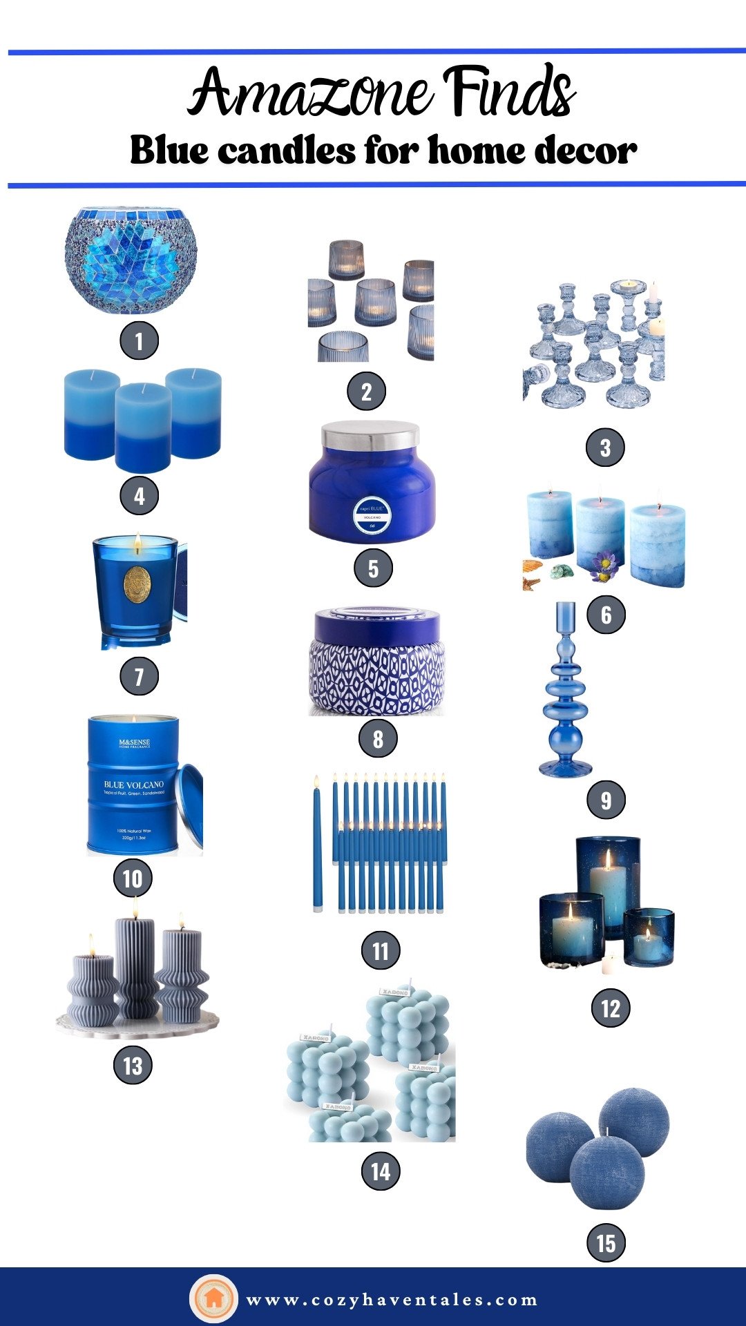 collage of various blue candles including pillar, taper, votive, and flameless options.