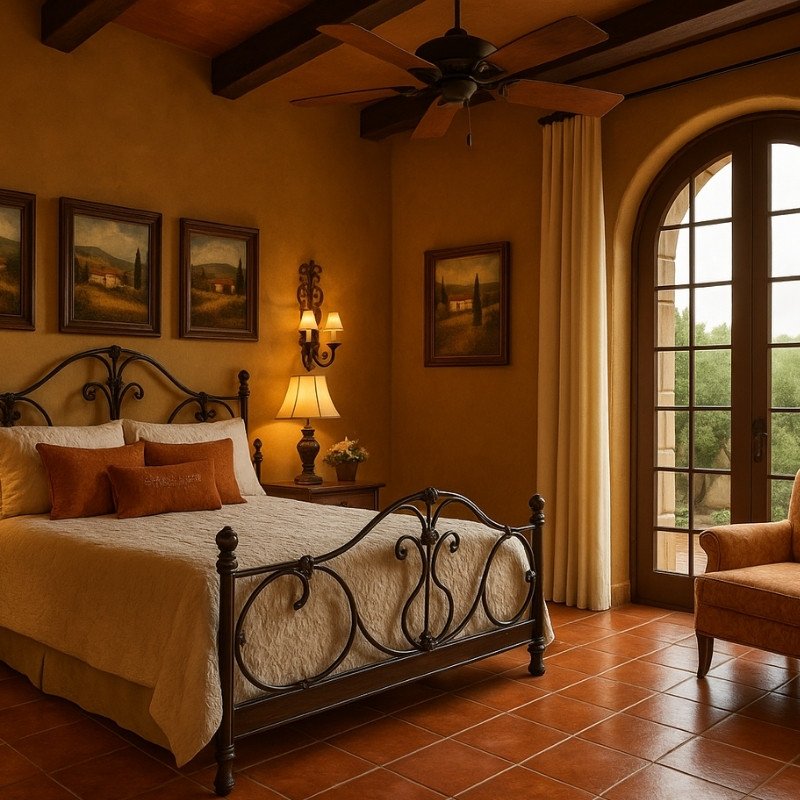 Tuscan style bedroom with exposed wooden ceiling beams, wrought iron bed, terracotta flooring, and warm ochre walls