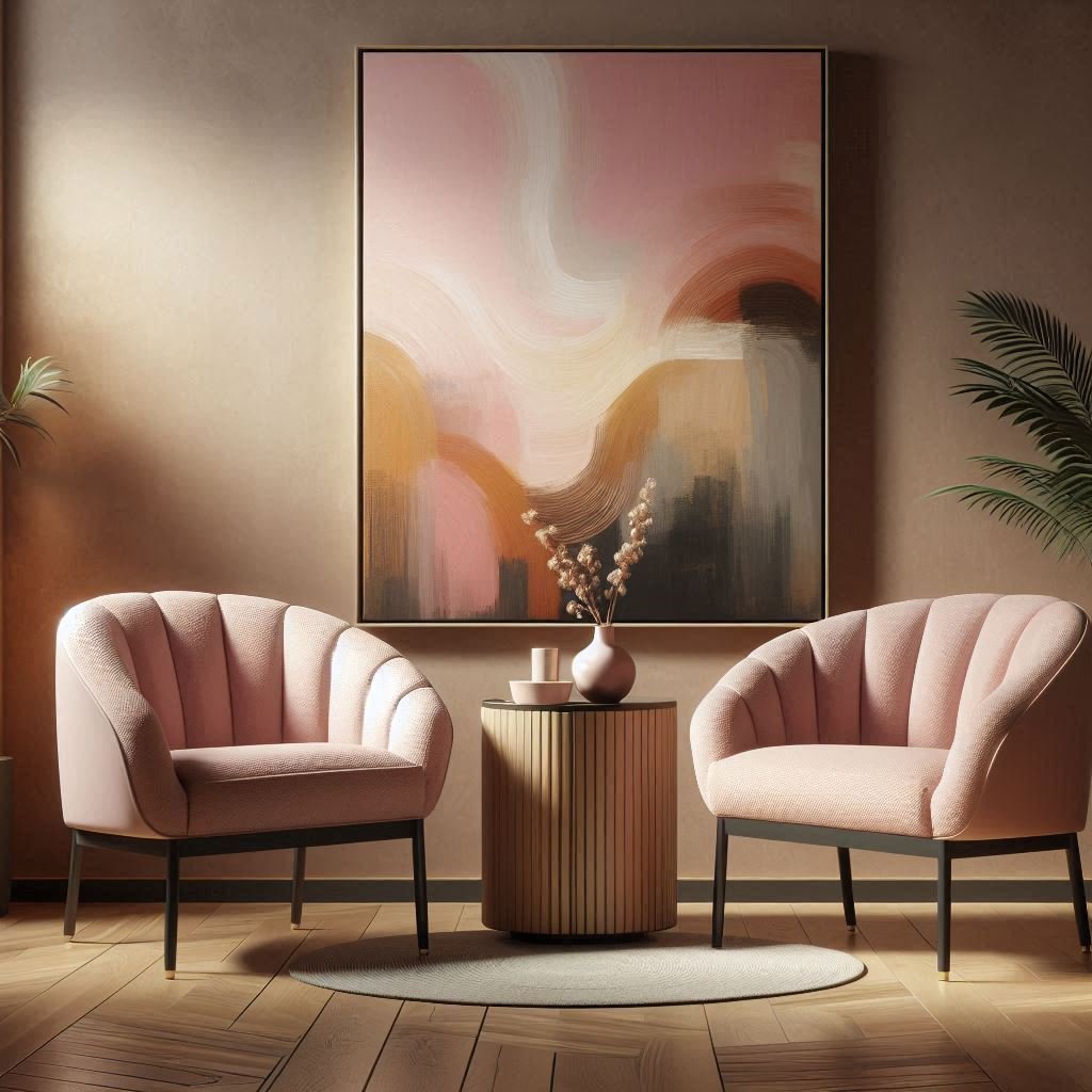 Powder pink tub chair in a living room corner decorated with plants, vase and a large wall art at the backdrop