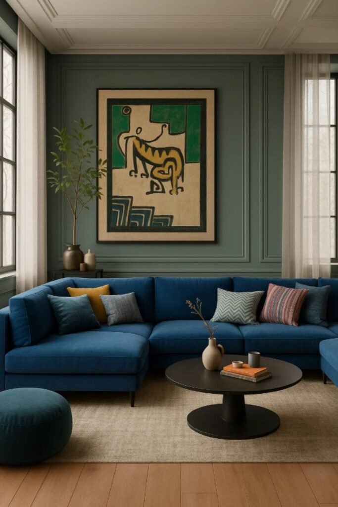 Blue sectional sofa with green wall and gallery art above