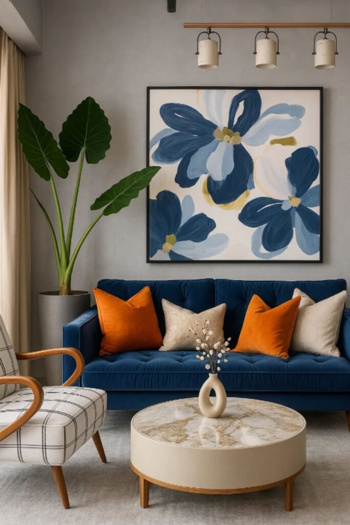 Blue velvet sofa with orange pillows and oversized floral artwork