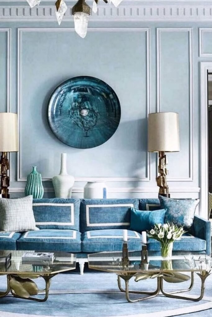Blue sofa against matching blue wall in an elegant, layered interior.