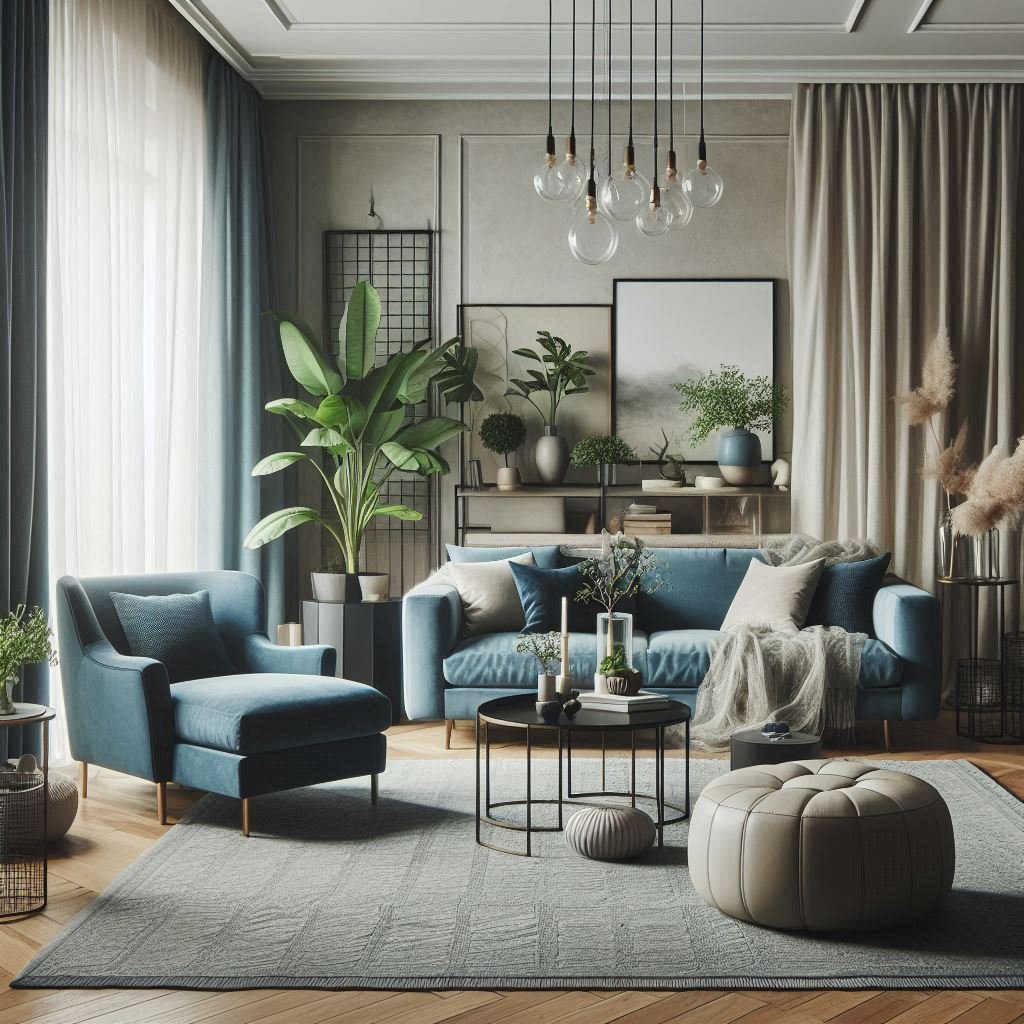 An image showcasing blue sofa and beautifully decorated wall behind it in grey colour.