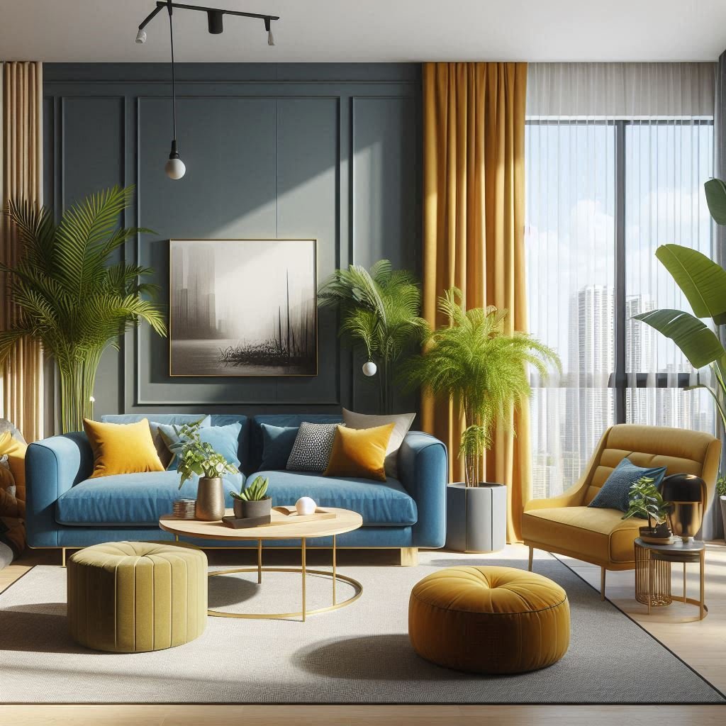 Blue sofa with mustard yellow accent chair in modern living room