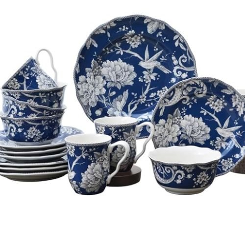 Elegant dark Blue and White Complete 16-Piece Dinnerware Set of 4 dinner plates, 4 cereal bowls and 4 coffee mugs
