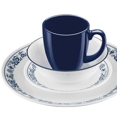 classic Blue and White Dinnerware Set that includes dinner plates, bread plates, bowls, and mugs, microwave and dishwasher safe.