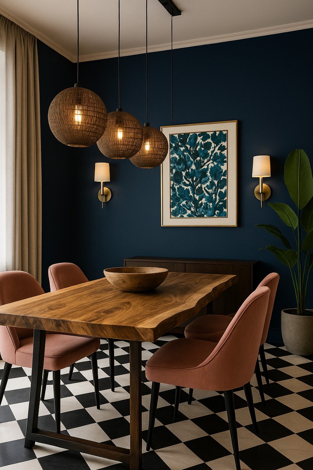 Bold dining space with coral chairs, navy walls, and black and white checkered floor.