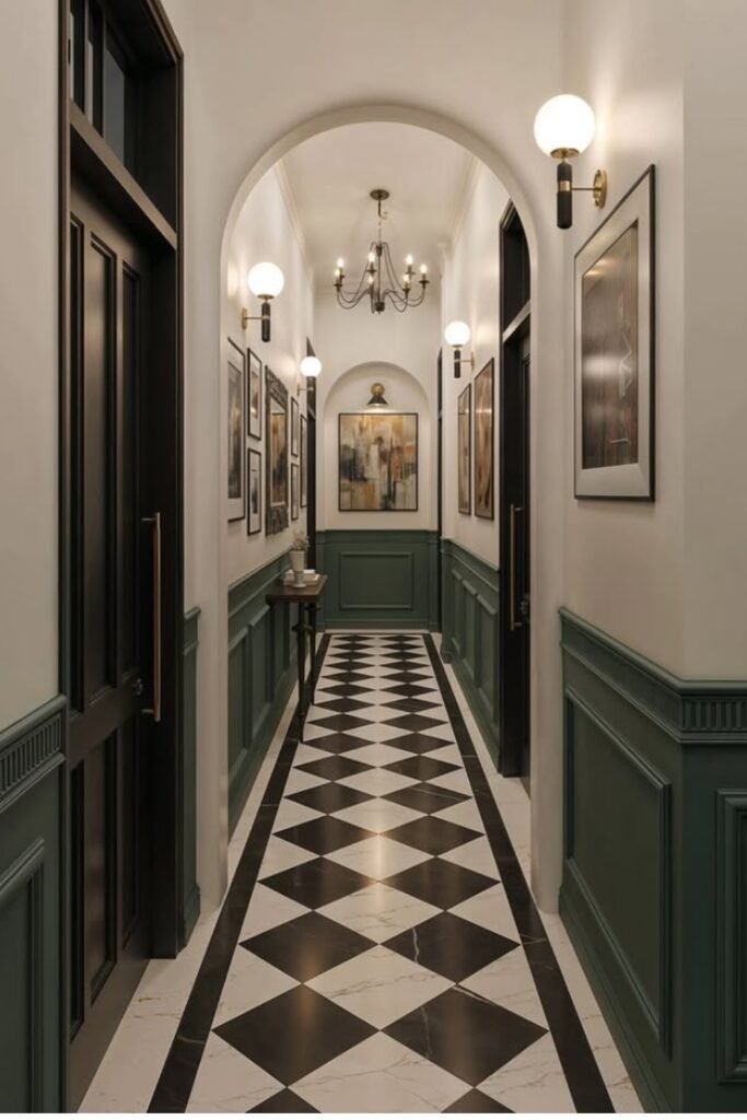 Narrow arched hallway with gallery walls, green panelling, and black and white Checkerboard flooring