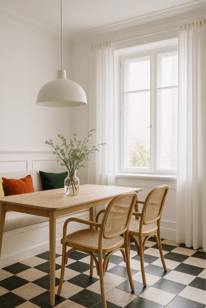 Minimalist dining space with wood furniture