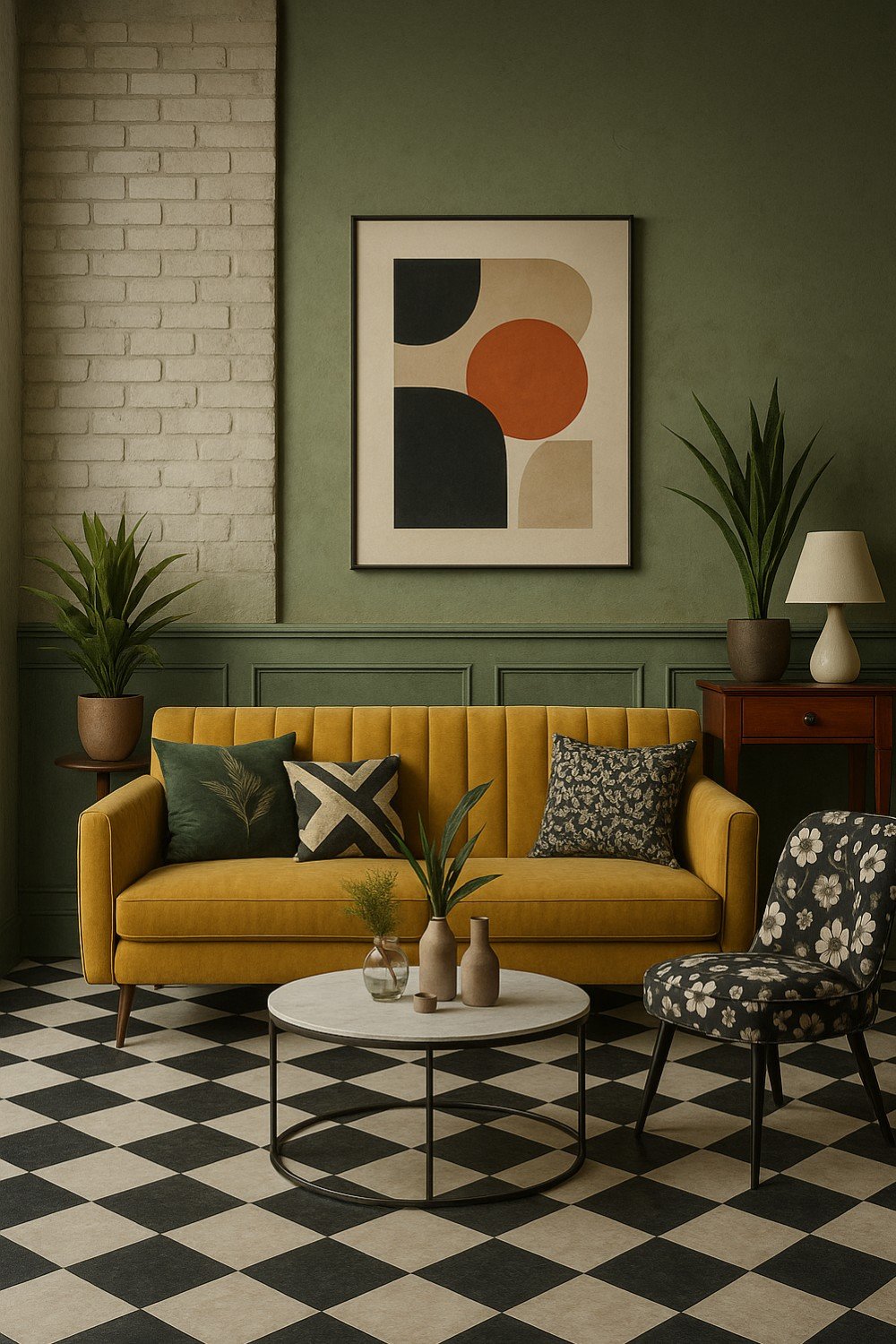 Bold living room with white and black checkered floor, mustard sofa, and green panelling.