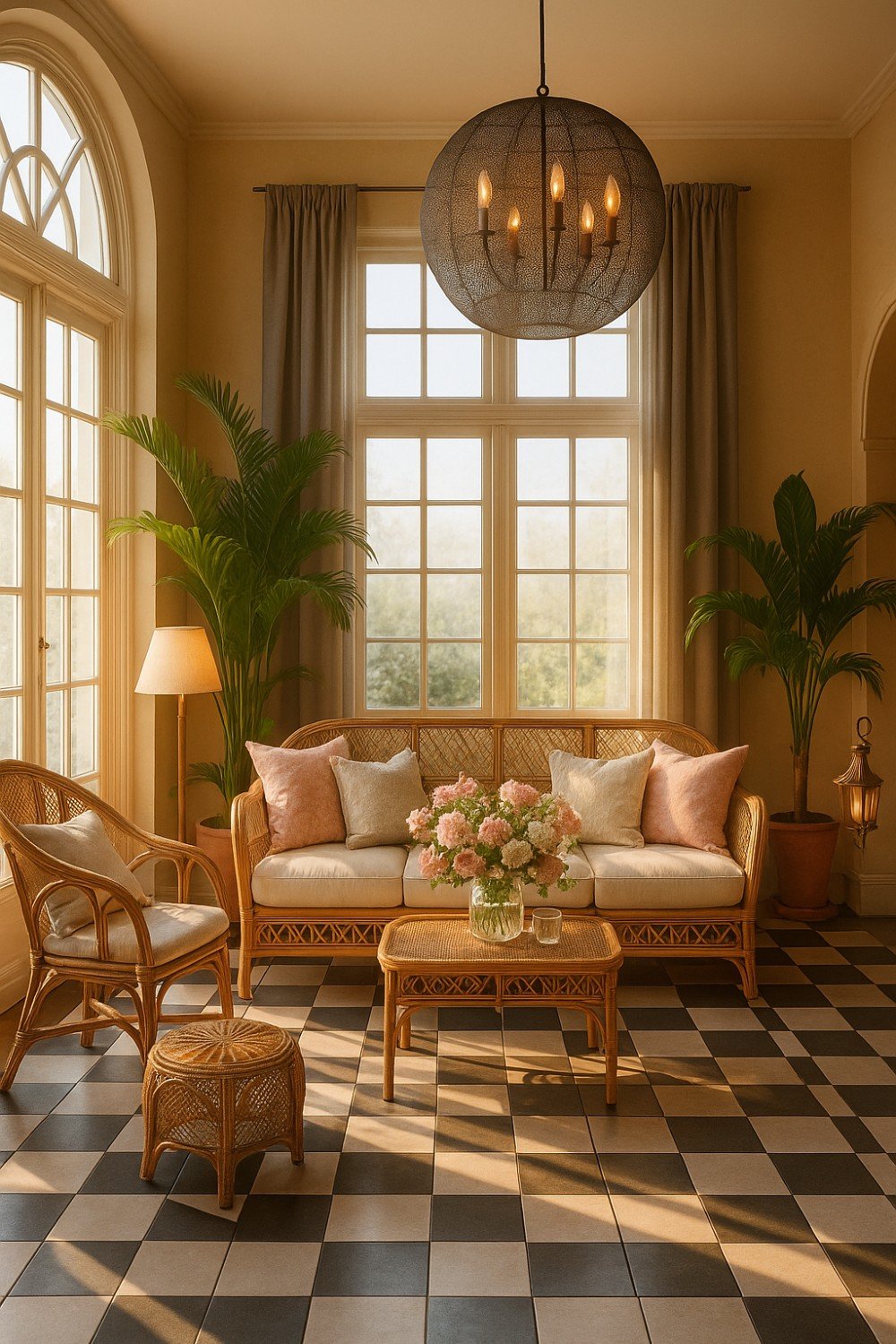 Living room with rattan furniture, pastel cushions, and white and black checkered floor.