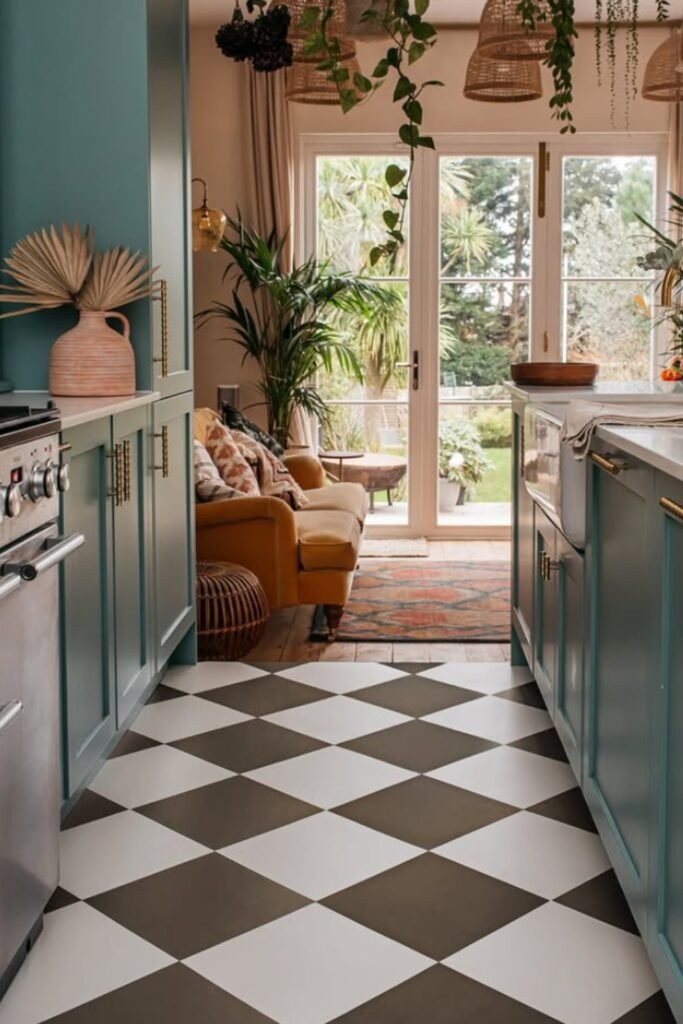Diagonal Checkerboard flooring in a bright kitchen with green cabinets and French doors.