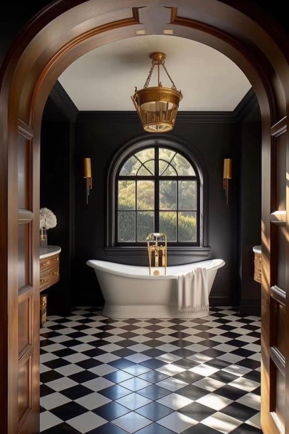 Elegant black and white checkered floor in a dramatic black bathroom with gold lighting and a freestanding tub.