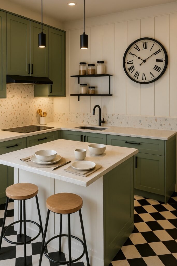 Black and White Checkerboard Floor is the highlight of the small sage green kitchen