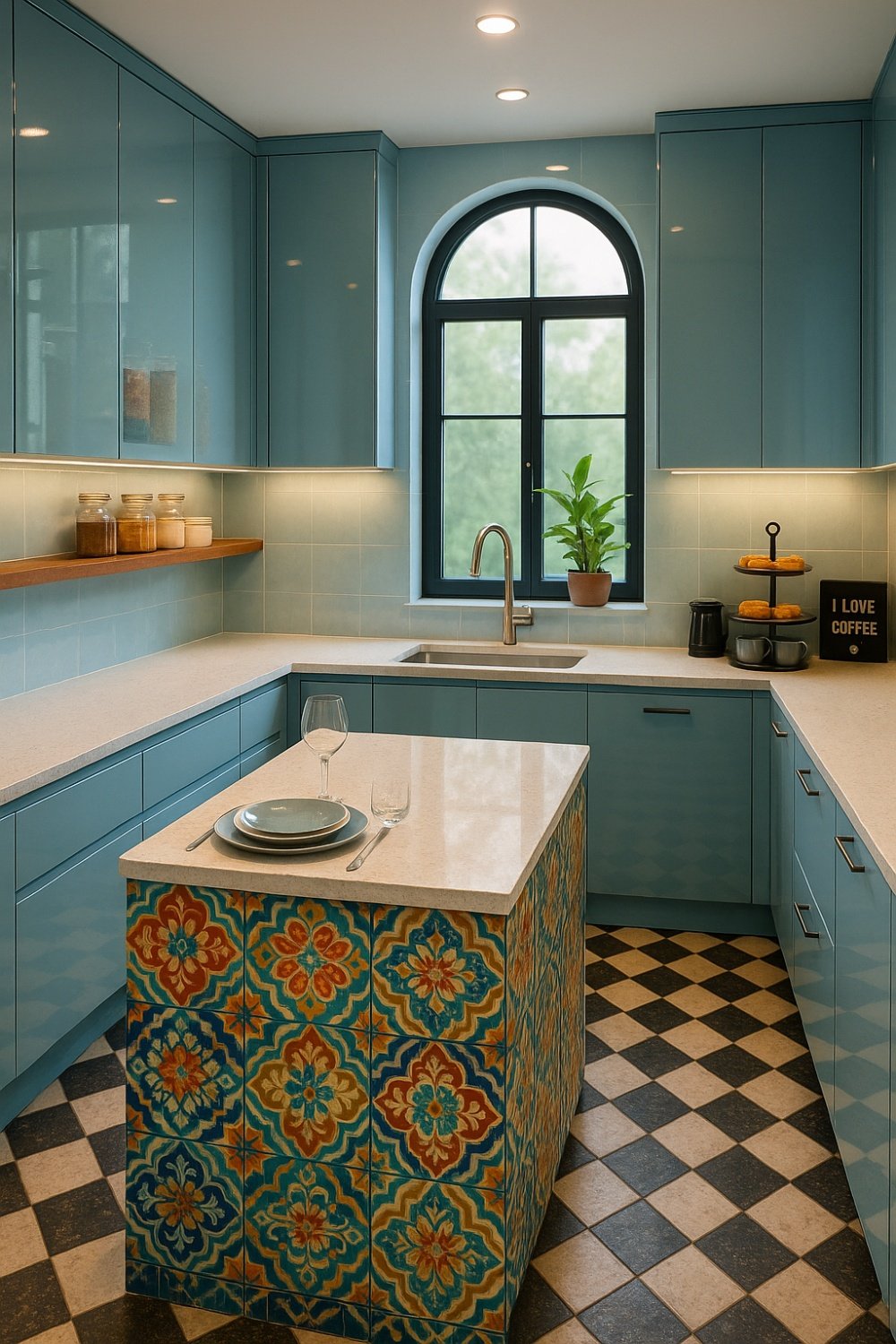 Mediterranean kitchen with patterned island and black and white checkered tile flooring.