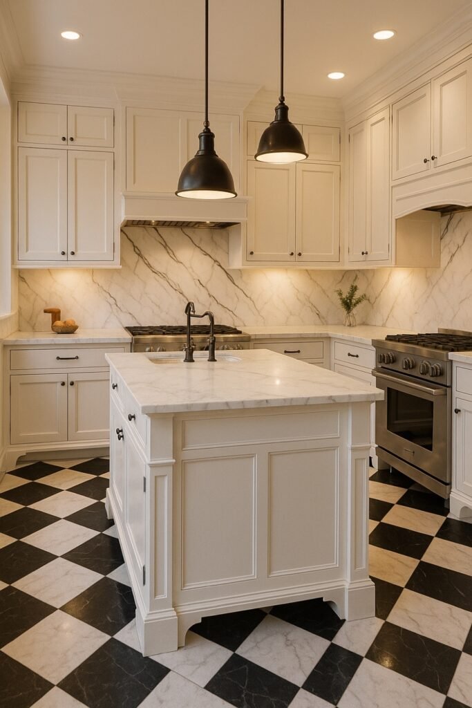 Cream kitchen with black and white Checkerboard marble floor and pendant lights