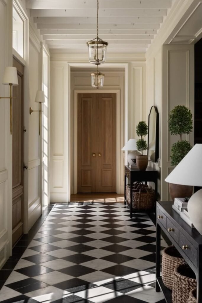 Elegant hallway with black and white checkered floor and wooden accents