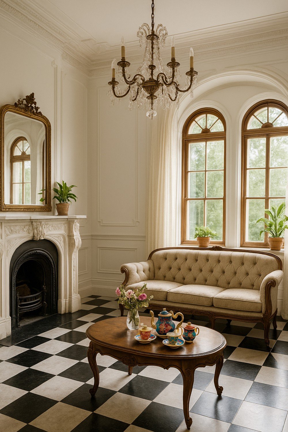 Vintage-inspired living room with tufted sofa and black and white checkered floor.