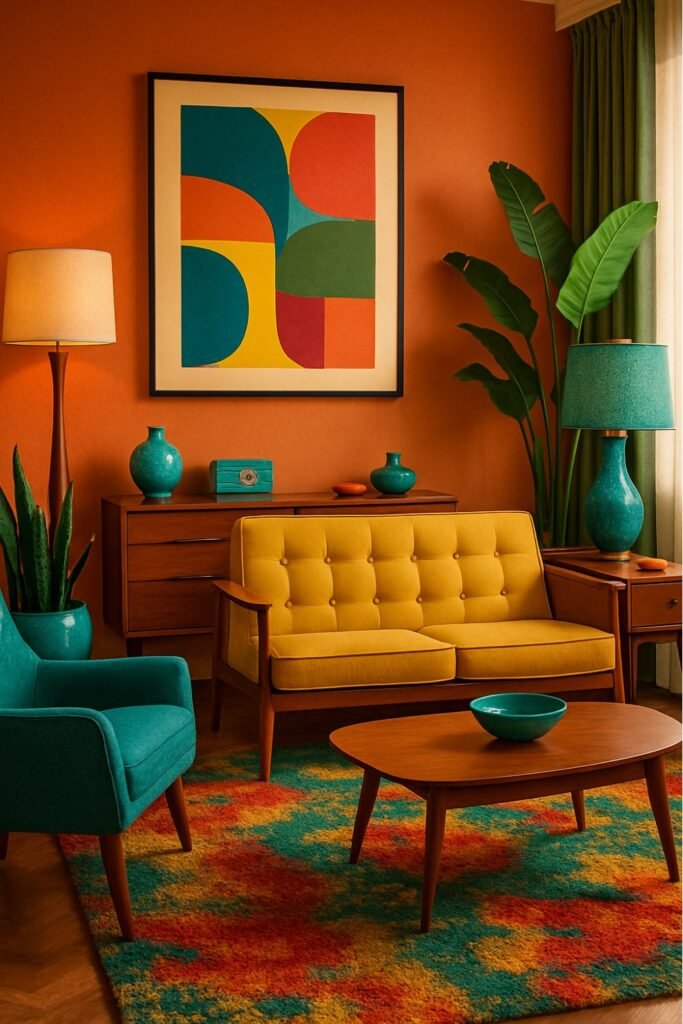 A vibrant living room showcasing decor elements like pillows, art, rugs, and lighting as outlined in the living room essentials checklist.