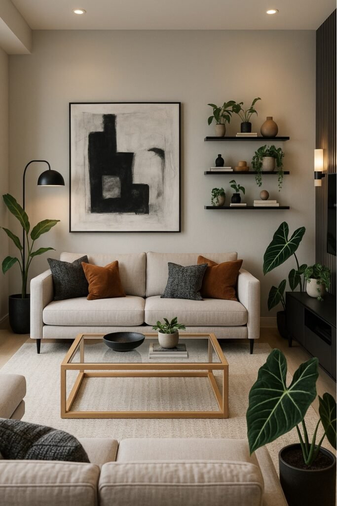 A living room seating area with a sofa, accent chairs, and coffee table as part of the living room essentials checklist.