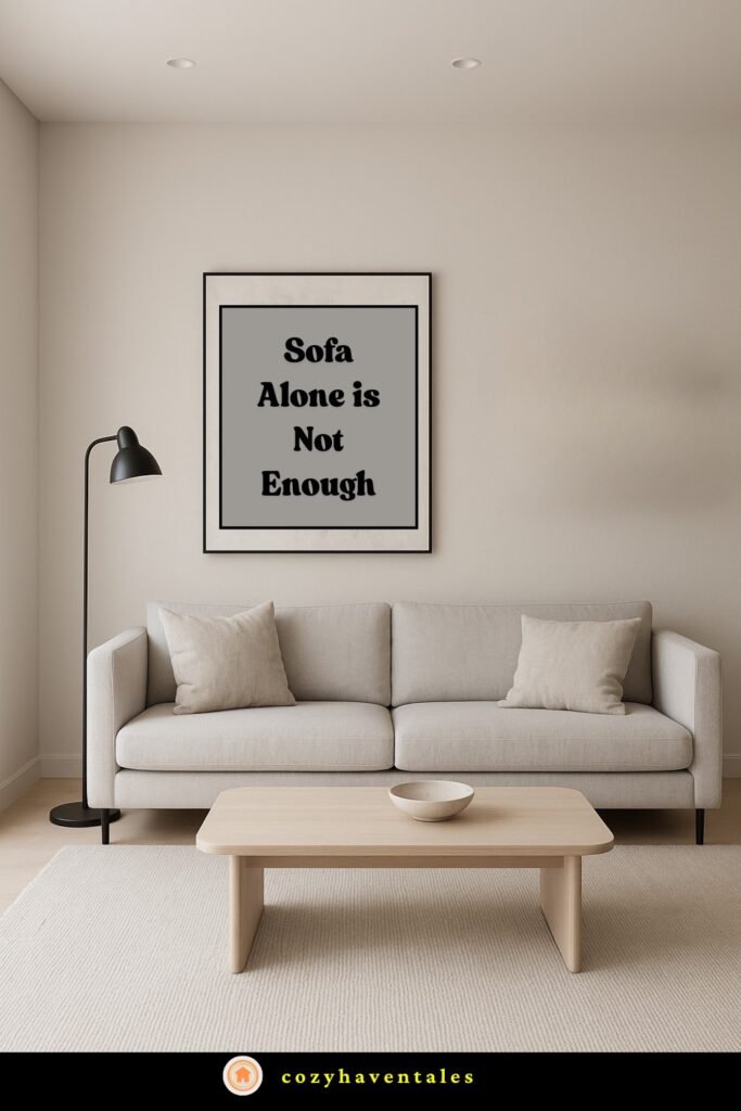 A living room with only basic furniture, showing how skipping decor elements can affect the completeness of a living room essentials checklist.