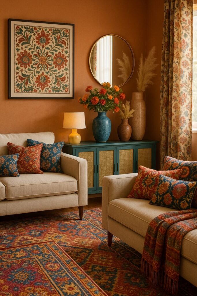 A living room showcasing varied upholstery styles and fabrics as part of a thoughtful living room essentials checklist.