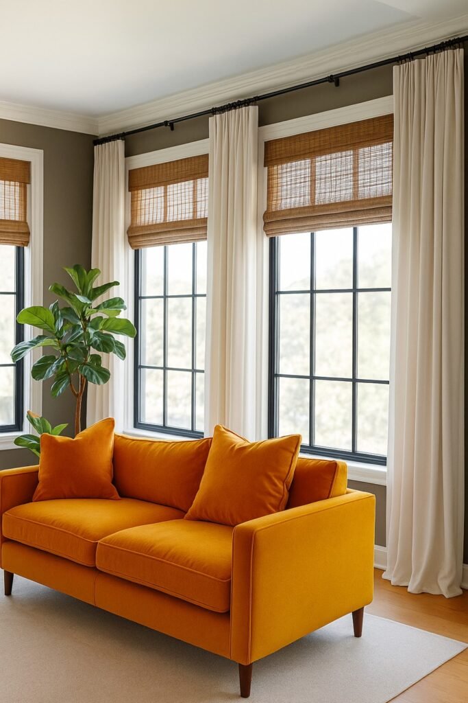 Floor-to-ceiling curtains hung above window frame with wide rod extension