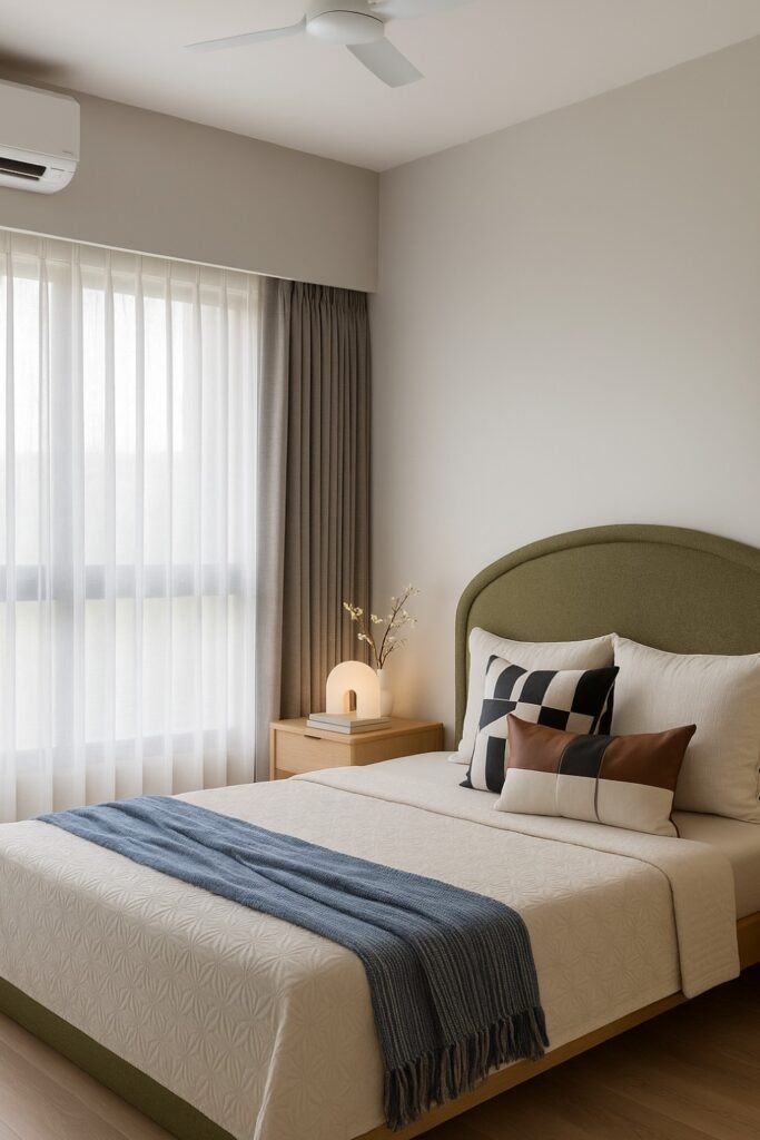 Neutral and sheer curtains in a bedroom with patterned upholstery and soft pastel walls.