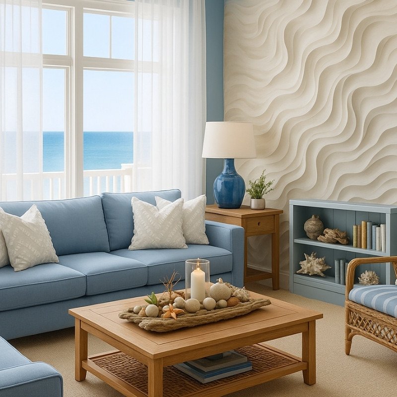 Coastal-inspired living room with soft blue sofas, ocean view, textured wall, and natural wood furniture, reflecting a calm and peaceful lifestyle.