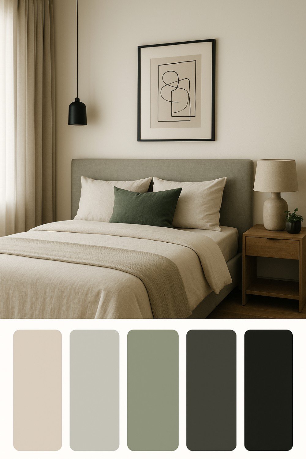 Color palette samples in sage green, beige, olive green and greydge