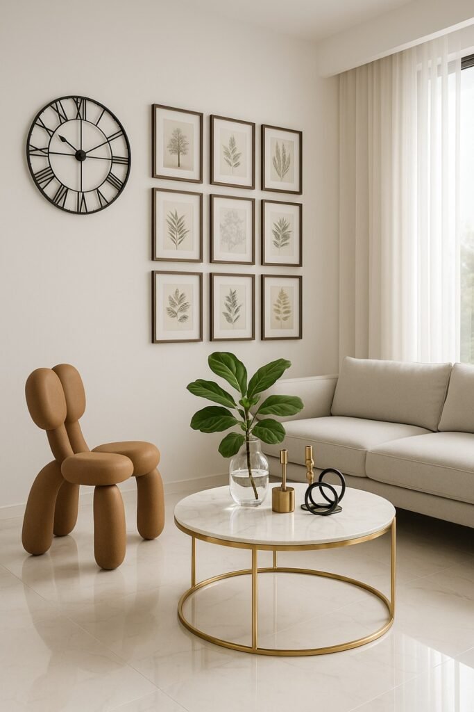 A living room with a unique and eye-catching chair and minimalist coffee table