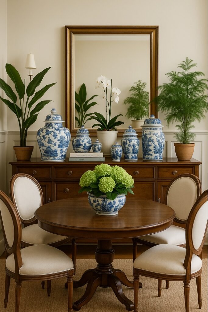 Dining area with green plants, wood furniture, ceramics
