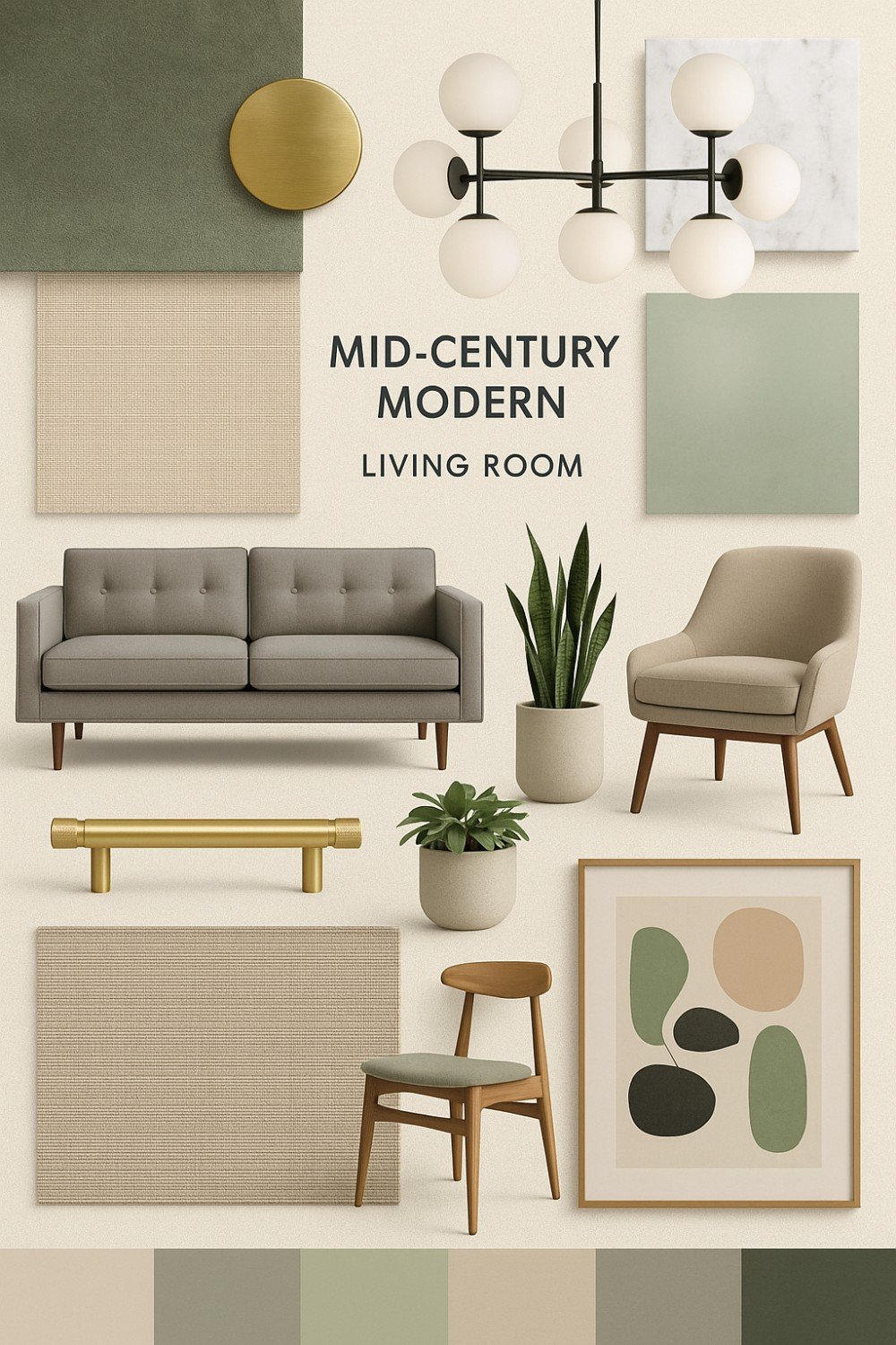 living room mood board with paint swatches, furniture design samples, pattern and fabric samples