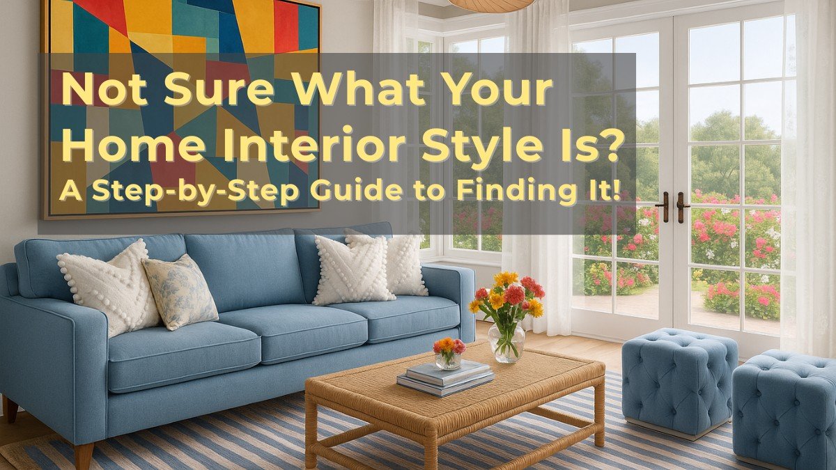 Bright and modern living room with a blue sofa, abstract wall art, woven coffee table, colorful pillows, and large windows opening to a blooming garden view. Overlay text reads "Not Sure What Your Home Interior Style Is? A Step-by-Step Guide to Finding It!