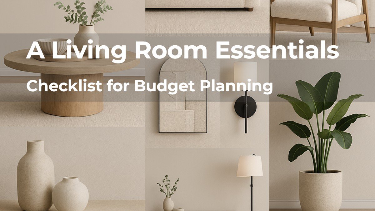 A mood board of living room essentials checklist showcasing decor elements like pillows, art, rugs, and lighting as outlined in the living room essentials checklist