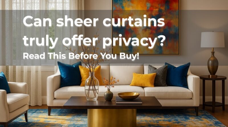 Vibrant living room with sheer curtains, beige sofa, blue and yellow cushions, bold abstract wall art, and a gold-accented coffee table.