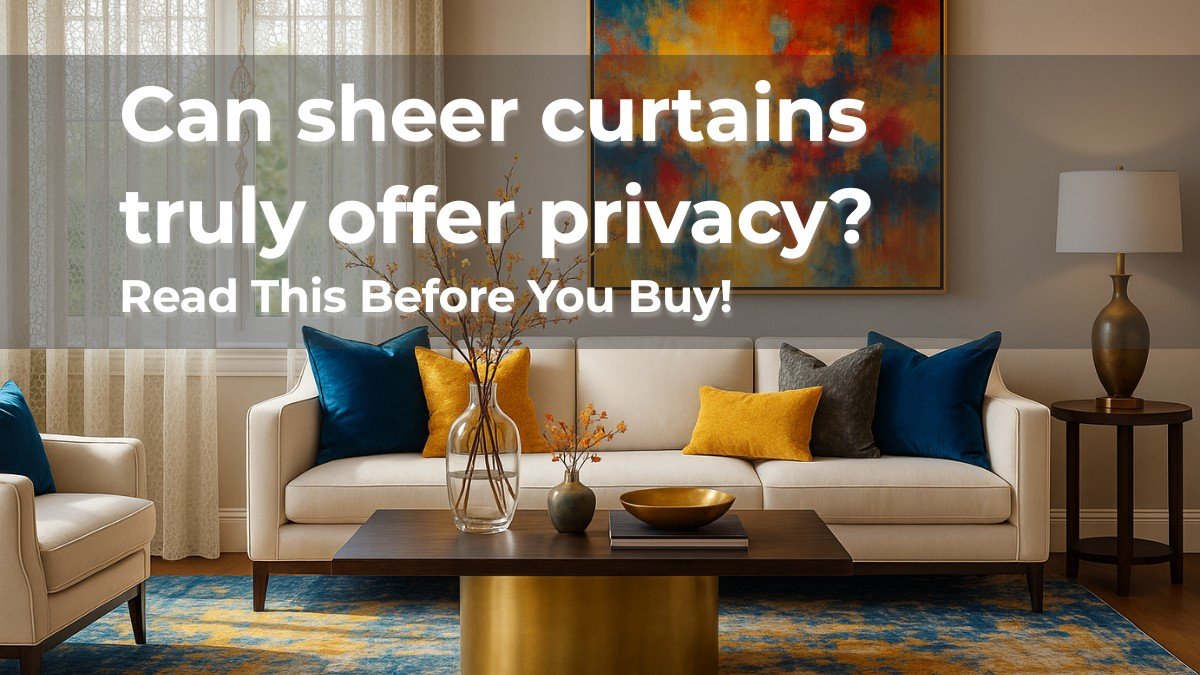 Vibrant living room with sheer curtains, beige sofa, blue and yellow cushions, bold abstract wall art, and a gold-accented coffee table.