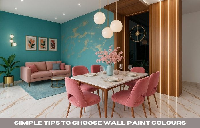 feature image of blog how to choose wall paint colours for your home showcasing vibrant wall colour cyan and contrast dining chairs and sofa