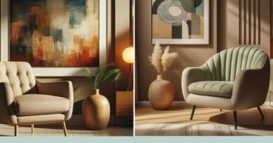 Collage of two stylish accent chairs placed in cozy room corners, each styled with a lamp and indoor plant