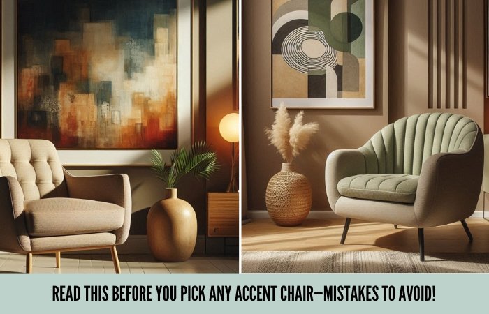 Collage of two stylish accent chairs placed in cozy room corners, each styled with a lamp and indoor plant