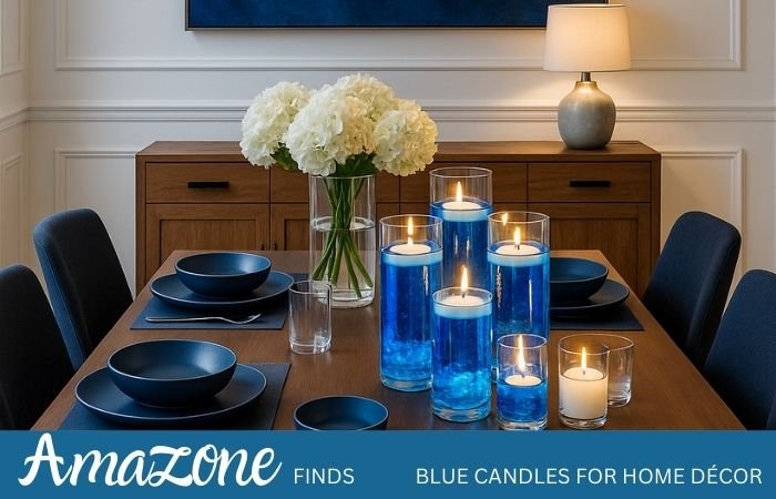 Table decorated with blue candles, floral arrangements, and elegant tableware.