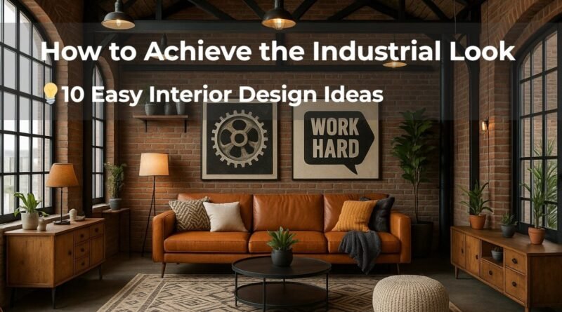 Industrial-style living room with exposed brick walls, tan leather sofa, metal lighting fixtures, and motivational wall art.