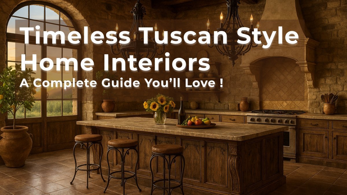 Rustic Tuscan-style kitchen with stone walls, wood cabinetry, ornate chandeliers, and a farmhouse island adorned with sunflowers and fresh fruit.