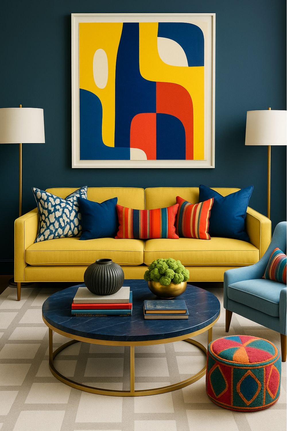 Vibrant living room with yellow sofa, blue walls, multicolored cushions, abstract wall art, and playful color blocking in decor.